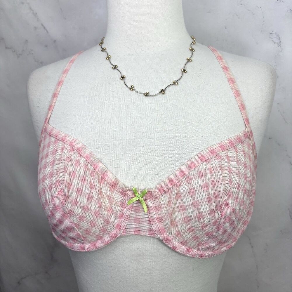 Betsey Johnson Unlined Underwire Bra Gingham Sheer Pink Mesh Cocquette 34C Girly
